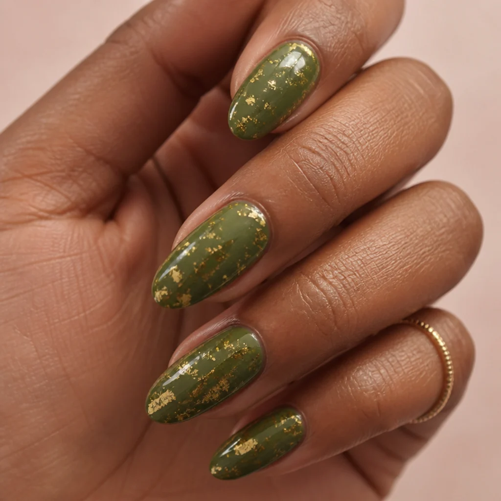 Almond nails in olive green chrome scattered with delicate gold foil flecks on a muted blush background