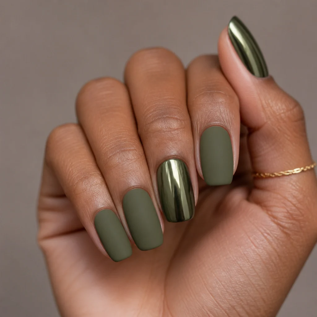 Squoval nails in matte olive green with two mirror chrome accent nails on a taupe background