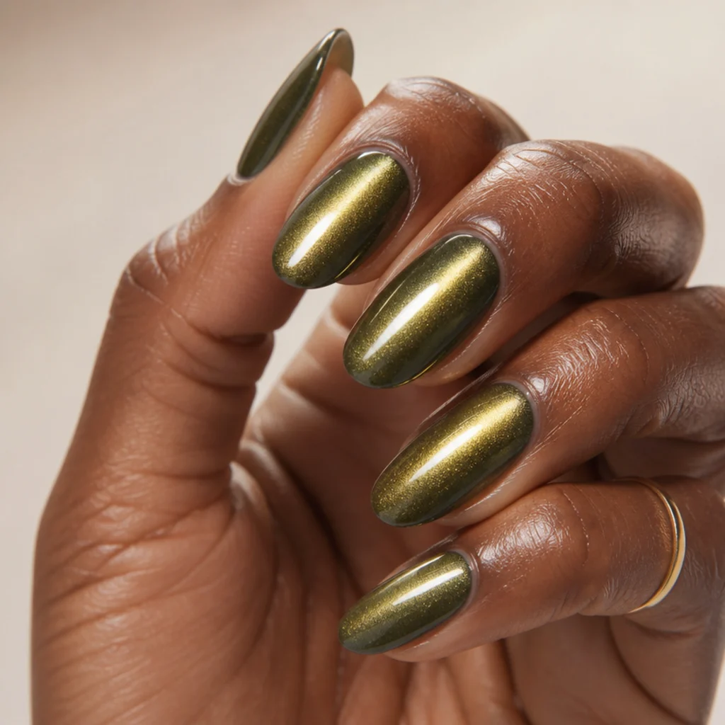 Almond nails in olive green with a magnetic cat-eye stripe of light running through a chrome finish on an ivory background