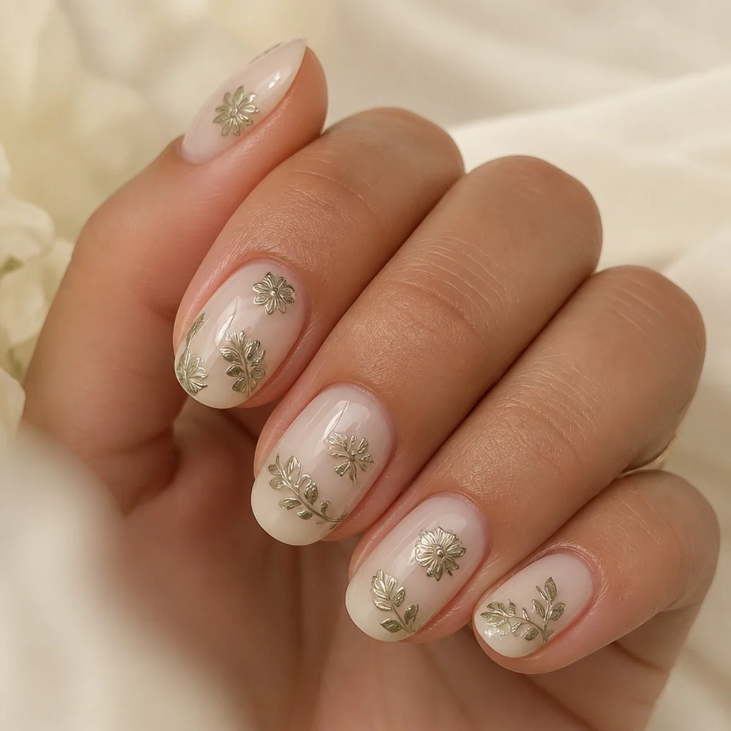 Milk bath nails with a sheer cream base and olive green chrome floral accents on a warm ivory background