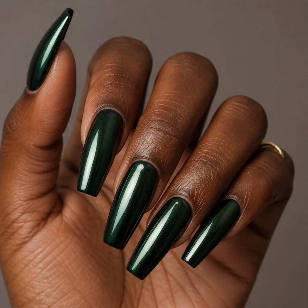 Long coffin nails in a deep forest-olive chrome with a dark green metallic depth on a taupe background