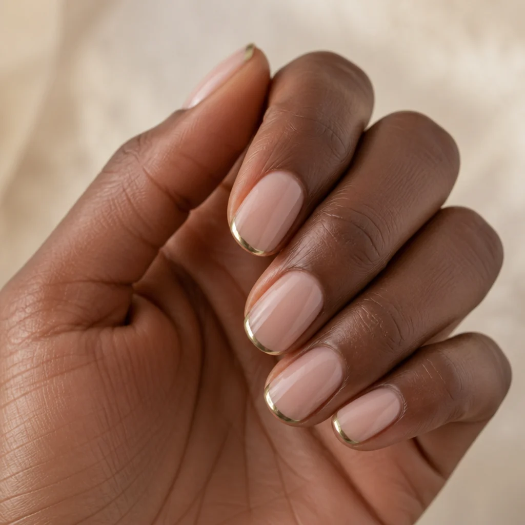 Short almond nails with a nude base and an ultra-thin olive green chrome micro-french tip on an ivory background