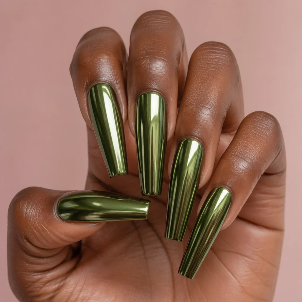 Long coffin nails in solid olive green chrome with a tapered flat tip on a muted blush background
