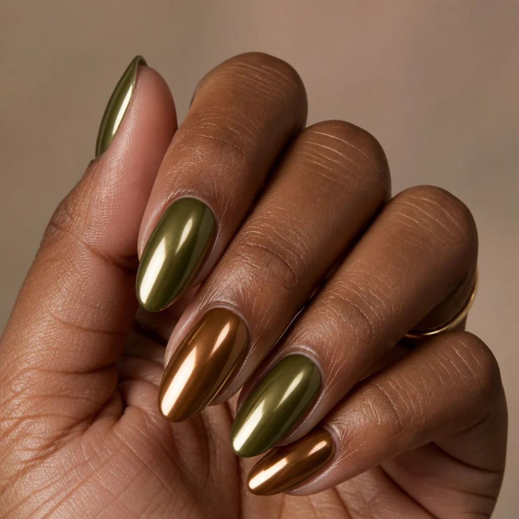 Almond nails alternating olive green chrome and warm bronze chrome on a taupe background