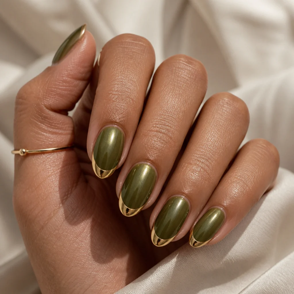 Medium almond nails in olive green chrome with a bold gold chrome french tip on a warm ivory background