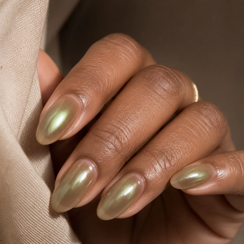 Almond nails with a glowing olive green chrome aura blooming from the center over a nude base on a taupe background