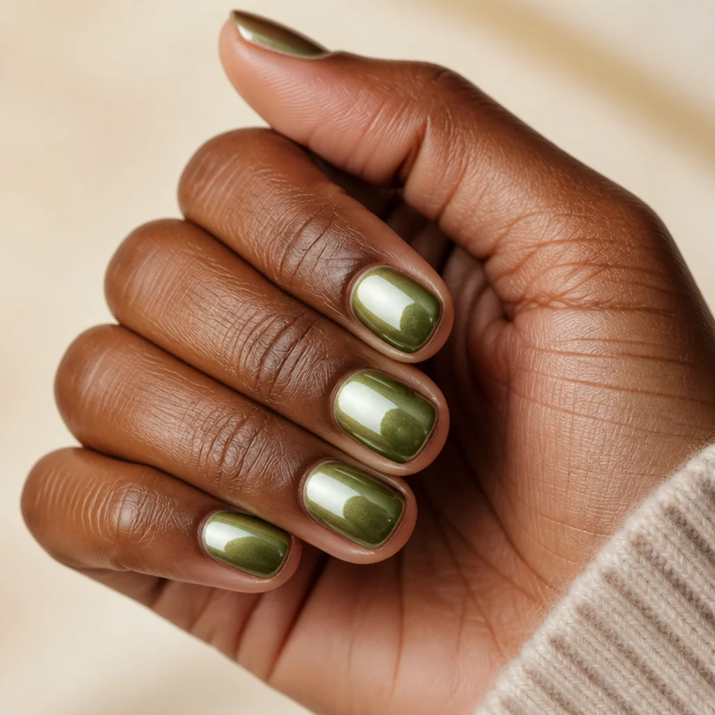 Short round nails in soft olive green chrome on a natural everyday hand against an ivory background
