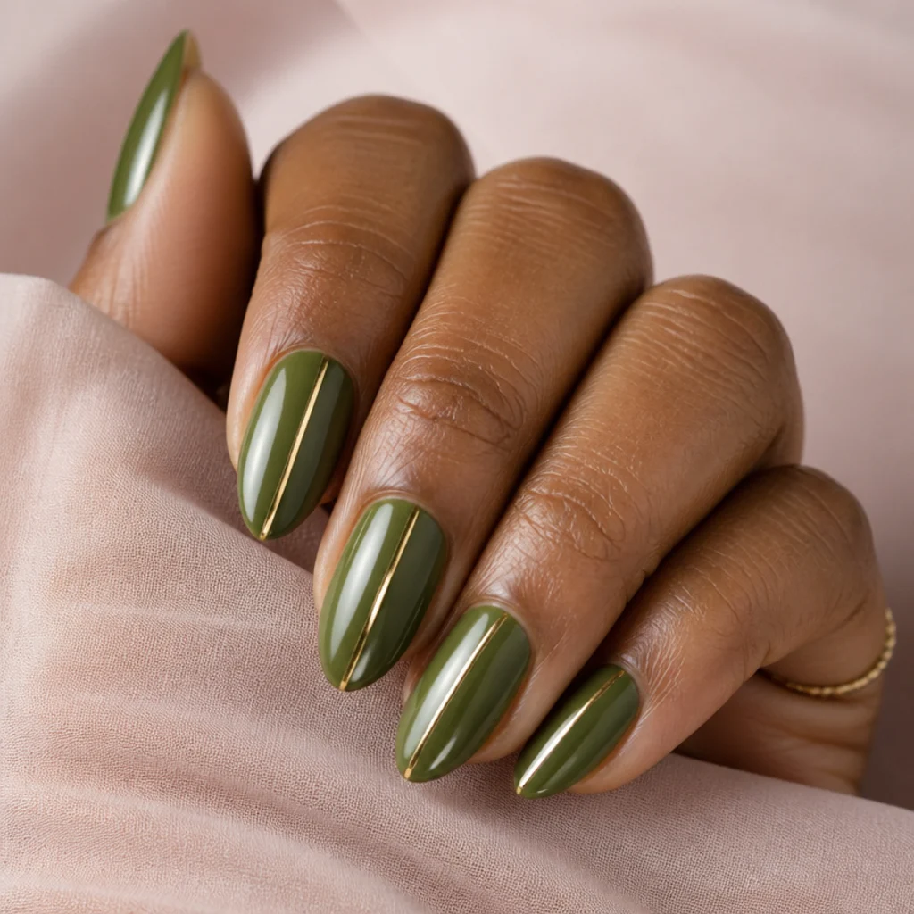 Almond nails in olive green chrome with a single hand-painted thin gold line down each nail on a muted blush background
