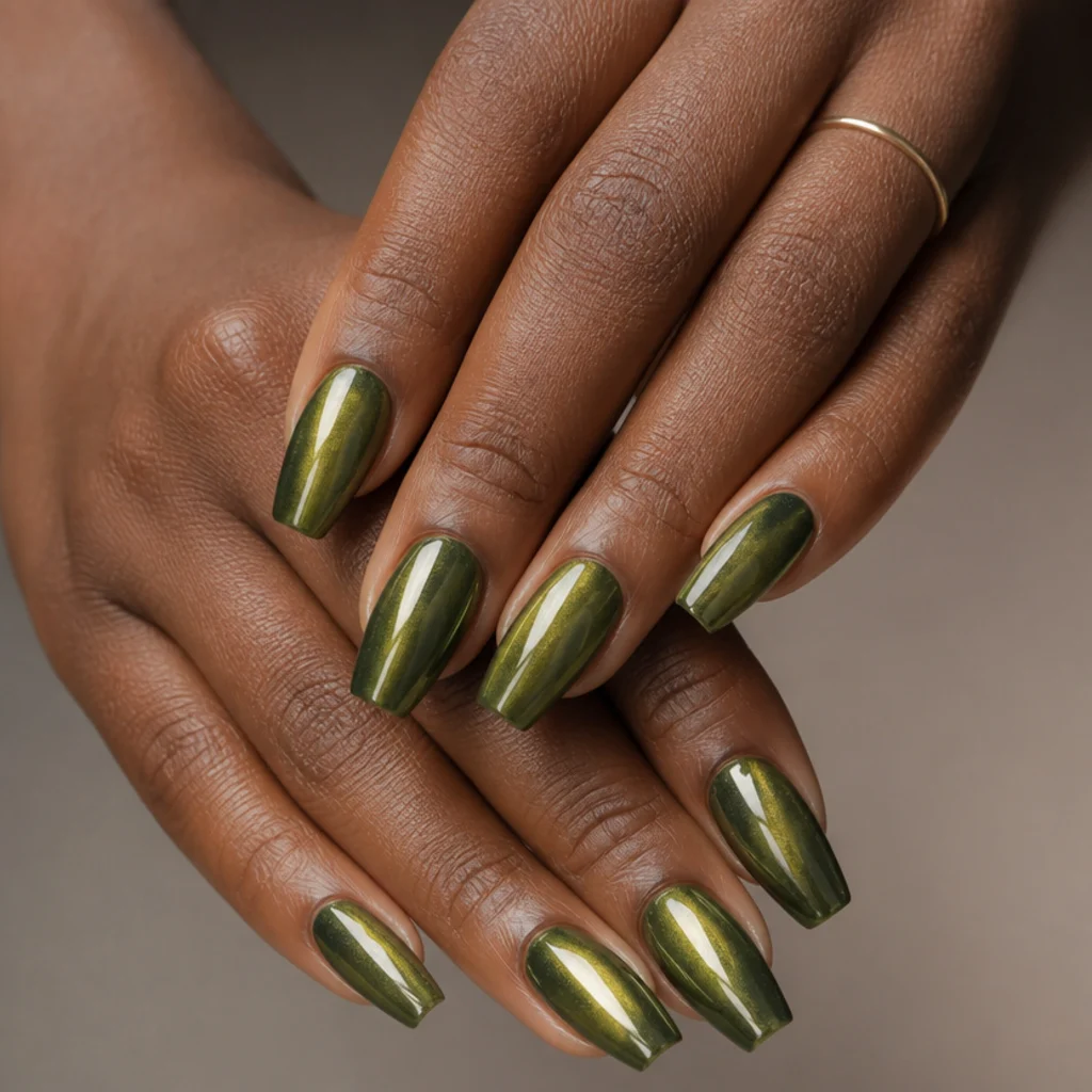 Long ballerina nails in olive green chrome with a wide flat tip and tapered sides on a taupe background