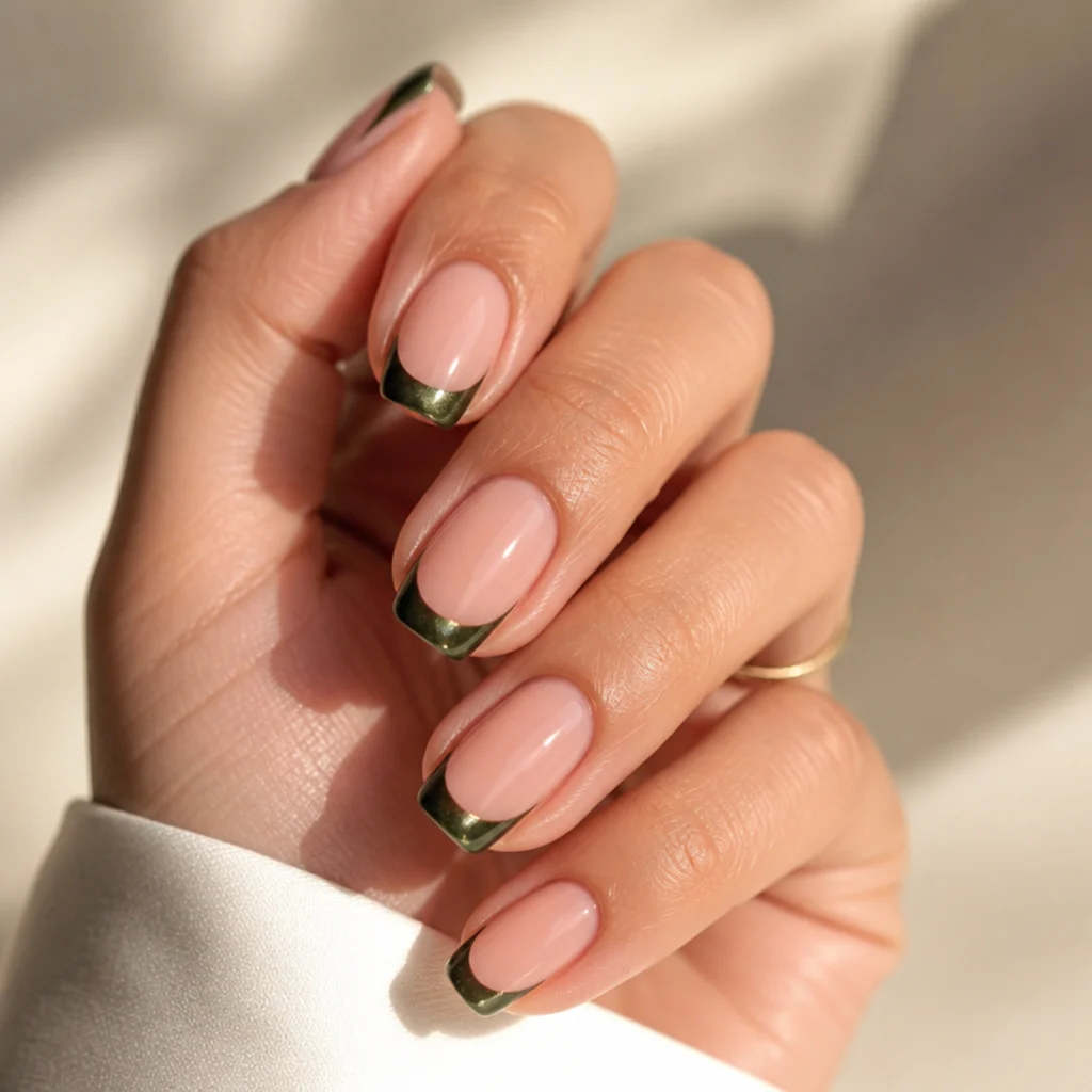Medium squoval nails with a nude base and a bold dark olive green chrome french tip on a warm ivory background