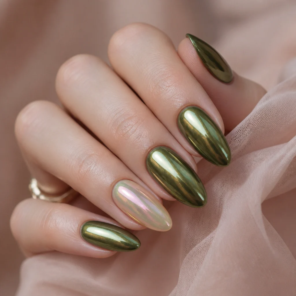 Almond nails in olive green chrome with one iridescent pearl-finish accent nail on a muted blush background