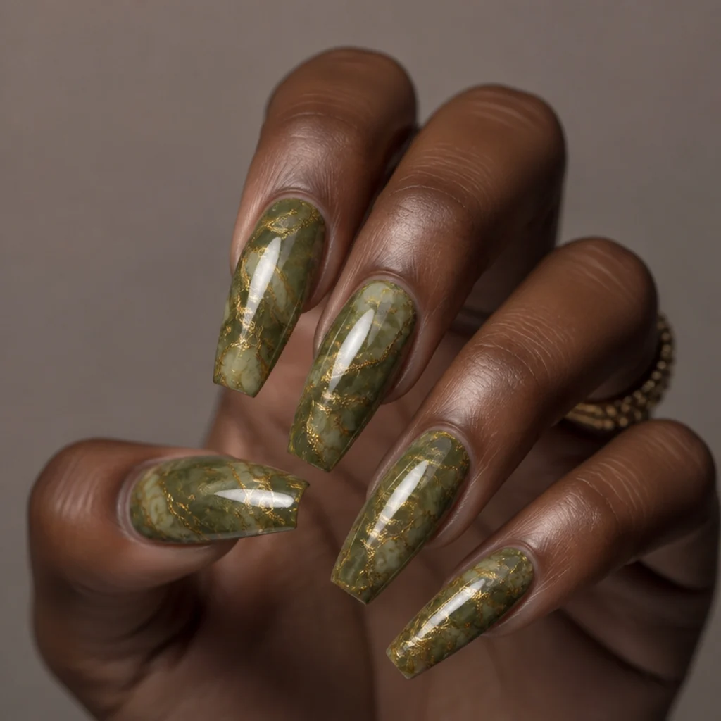 Long coffin nails in olive green chrome with swirling gold marble veining on a taupe background
