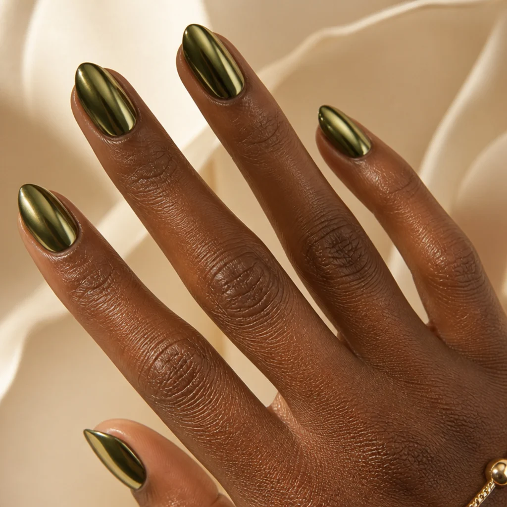 Manicured hand with mirror-finish olive green chrome nails in a short almond shape against a warm ivory background