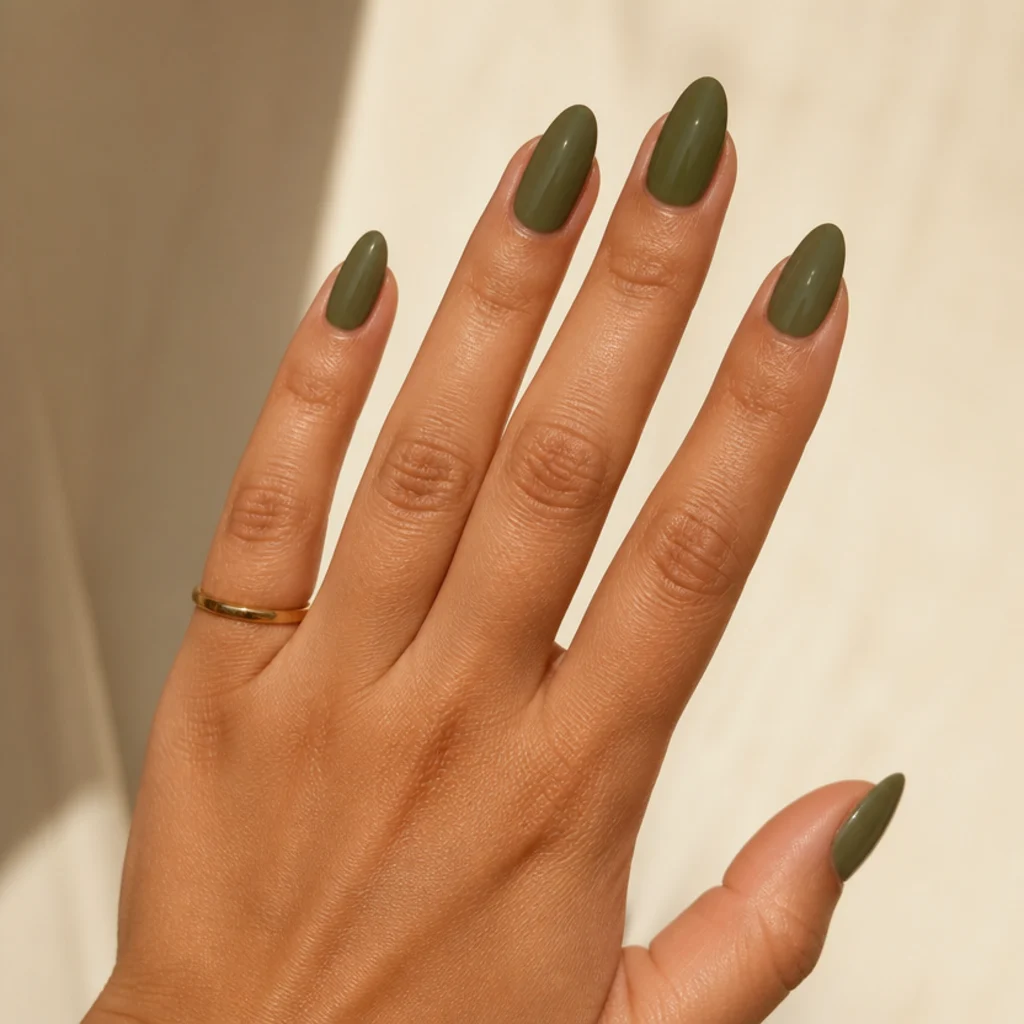 Close-up of almond-shaped nails in a muted olive green shade on a warm ivory background