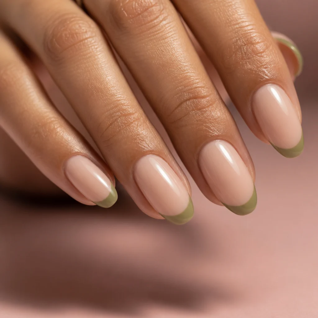 Almond nails with a thin muted olive green french tip over a sheer nude base, close macro on warm skin