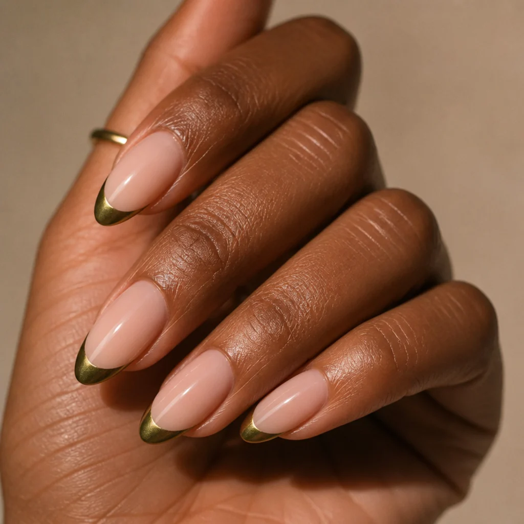 Glossy chrome olive green french tips reflecting soft gold light on almond nails, editorial macro