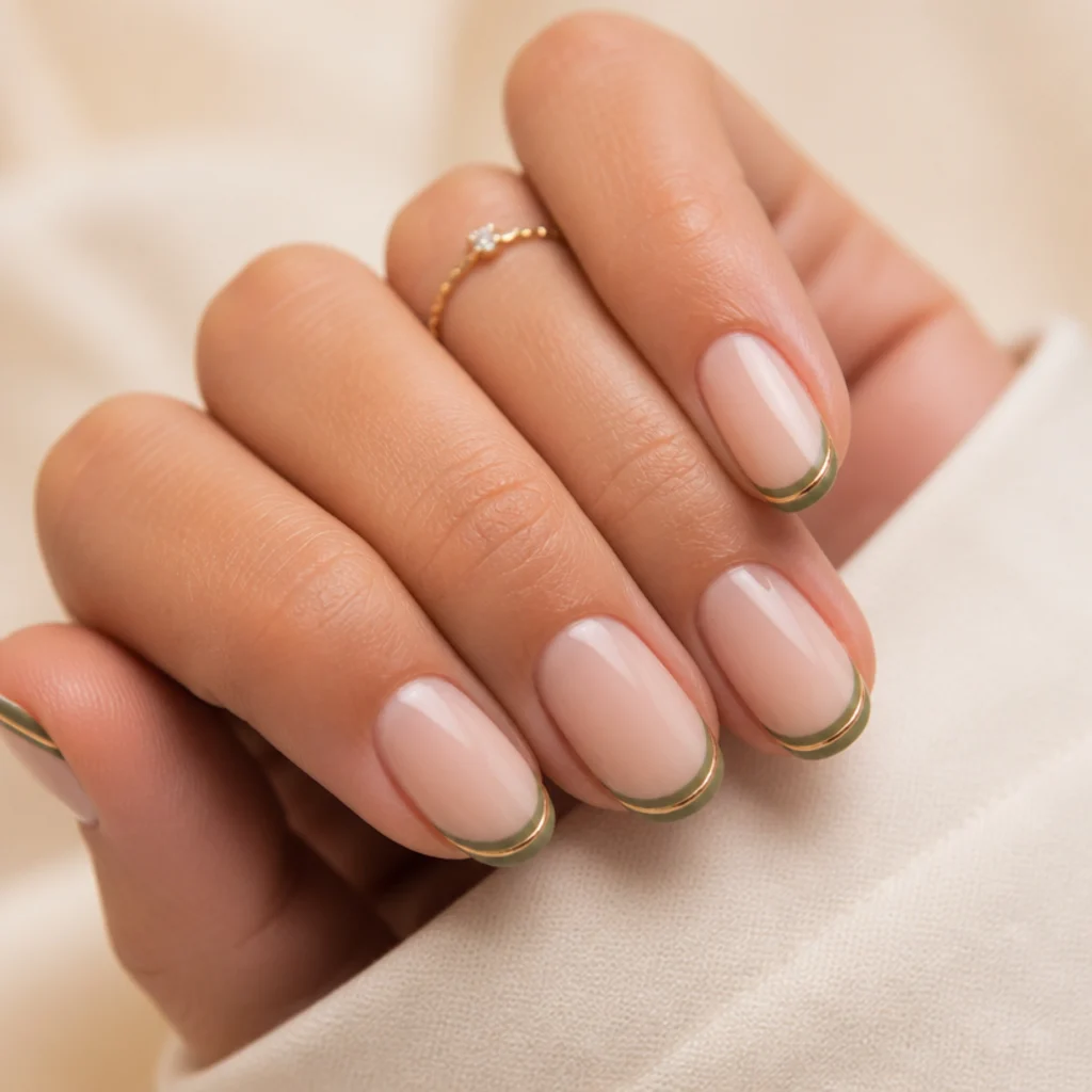Skinny olive green french tips outlined with a fine gold line on oval nude nails, close macro