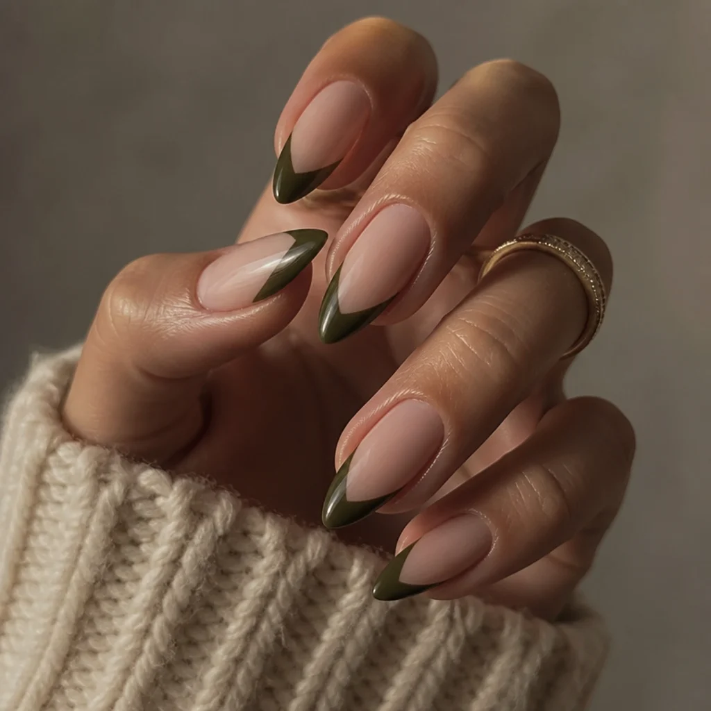 Dark olive green deep V-shaped french tips on long almond nails, moody editorial macro