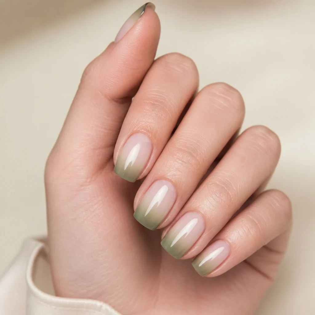 Soft sage green fading into deeper olive at the free edge on squoval nails, airbrush macro