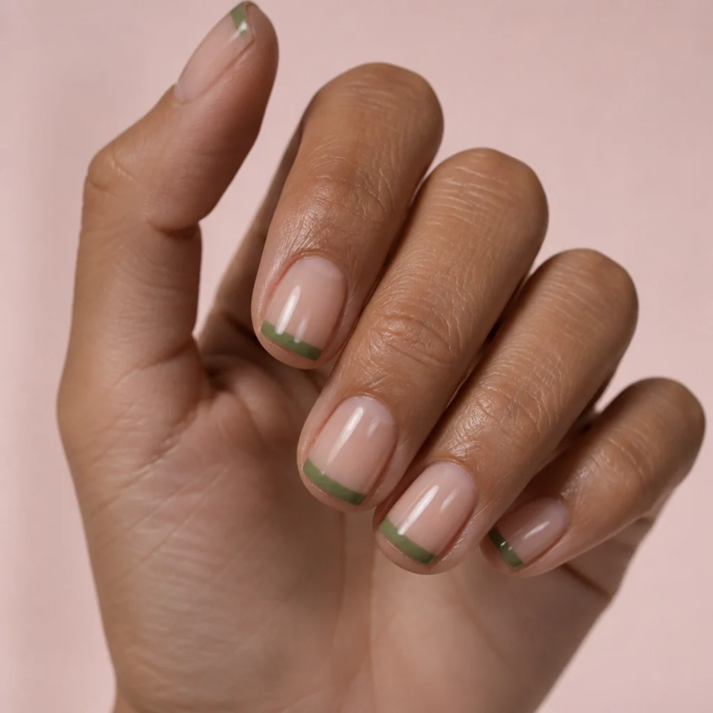 Short squoval natural nails with a crisp olive green french tip, tidy cuticles, close macro