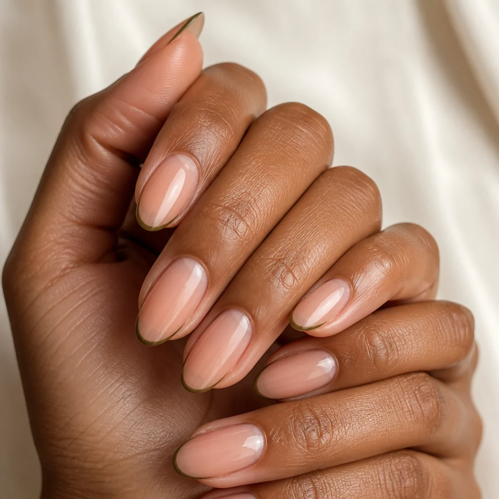 Ultra-thin olive green line at the free edge of glossy nude almond nails, minimalist macro