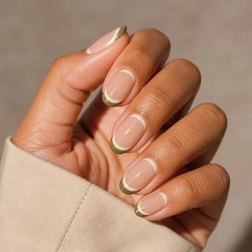 Two stacked french lines in cream and olive green at the tip of almond nails, editorial macro