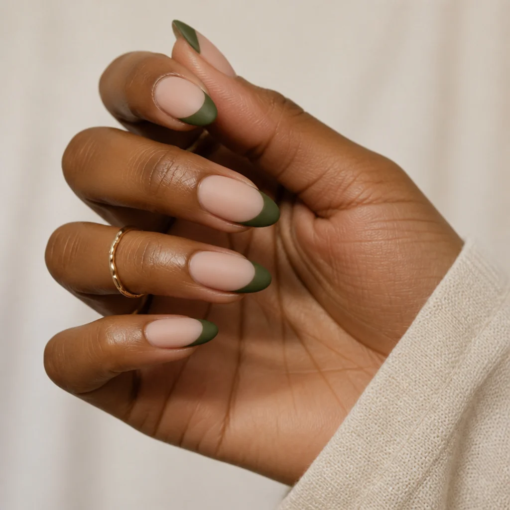 Matte olive green french tips over a soft nude base on almond nails, velvety finish macro