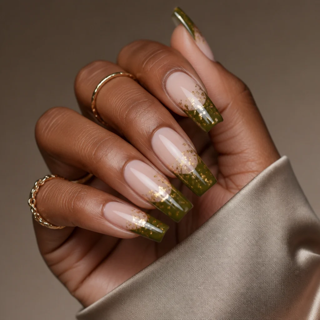 Olive green coffin-shaped french tips flecked with fine gold leaf, glossy macro on deep skin