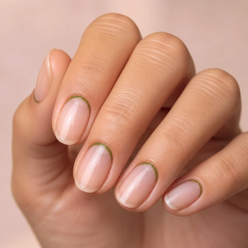 Olive green half-moon painted at the cuticle instead of the tip on oval nude nails, macro