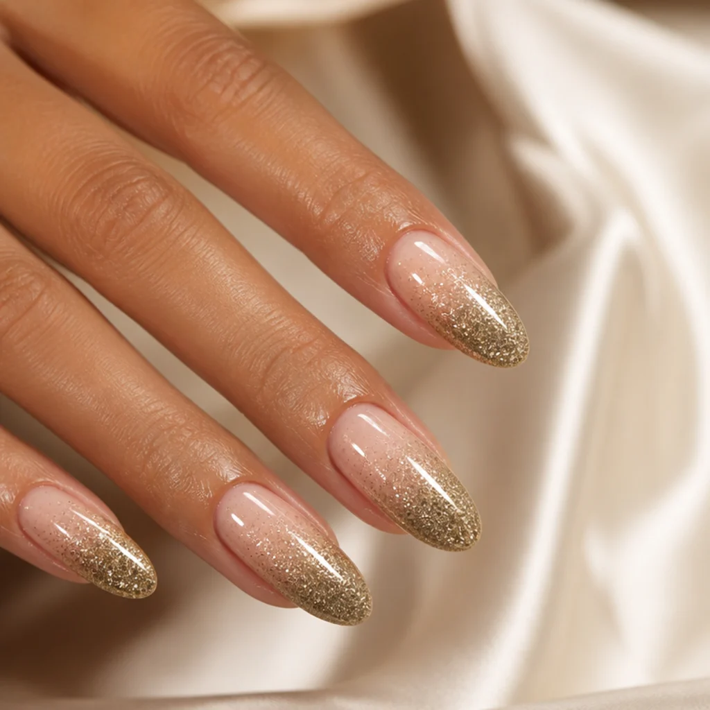 Olive green tips dense with fine glitter fading toward the base on almond nails, sparkling macro