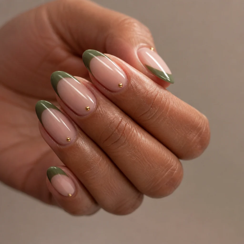 Almond olive green french tips finished with a tiny gold bead at each cuticle, delicate macro