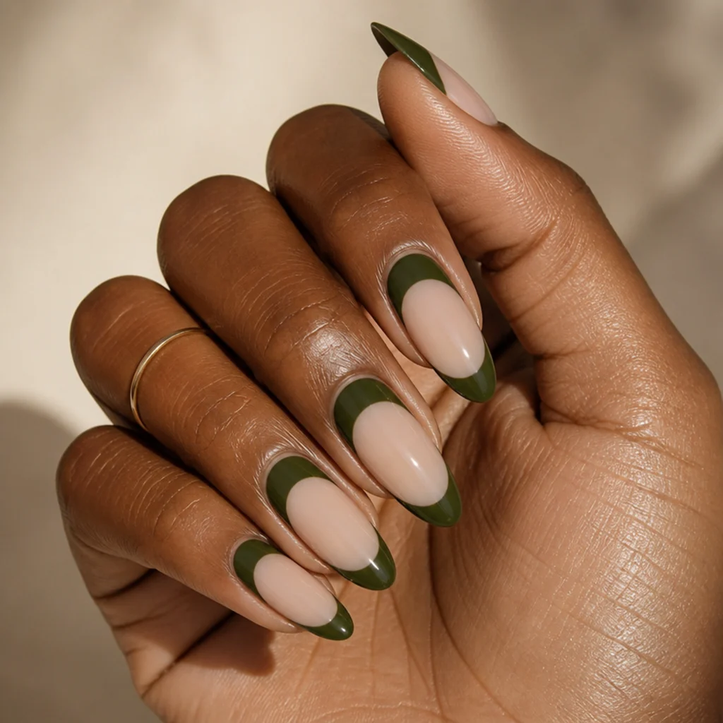 Deep wide olive green french covering the top third of long almond nails, bold editorial macro