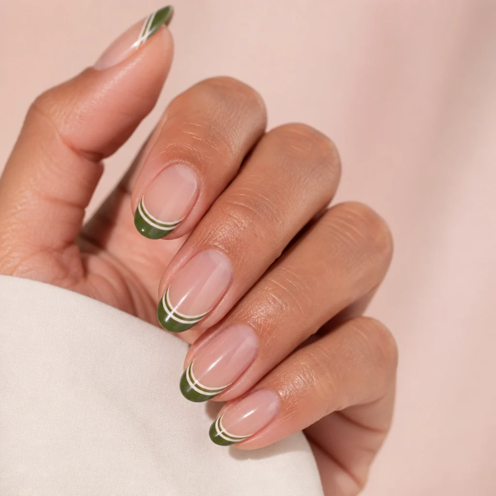 Olive green french tip with a thin white line separating it from the nude base, crisp macro