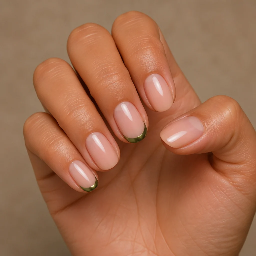 Mix-and-match manicure of olive chrome tips and plain nude nails across one hand, editorial macro