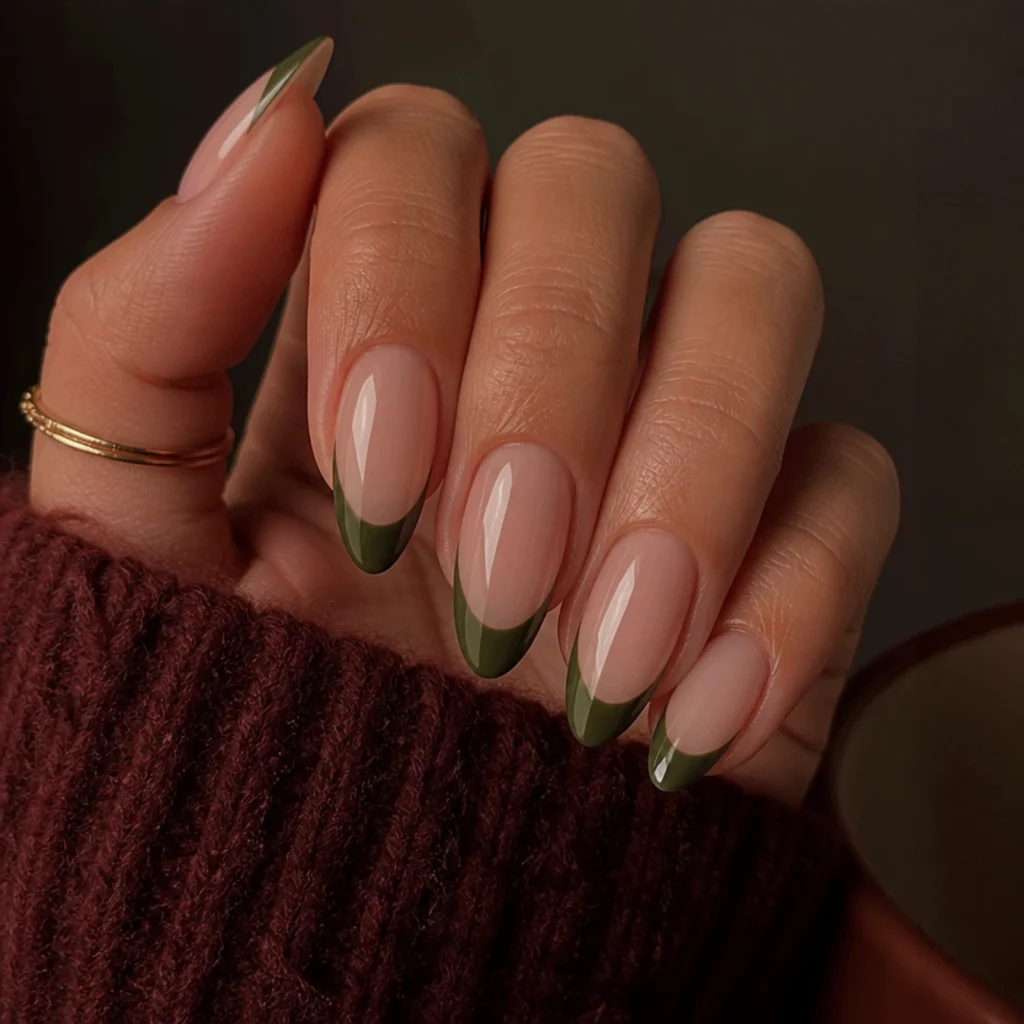 Deep army olive green french tips on warm-toned almond nails styled for autumn, cozy macro