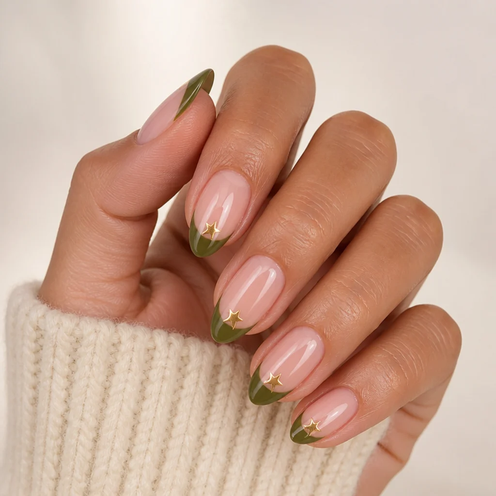 Olive green french tips accented with two tiny gold star decals near the tip on almond nails, macro