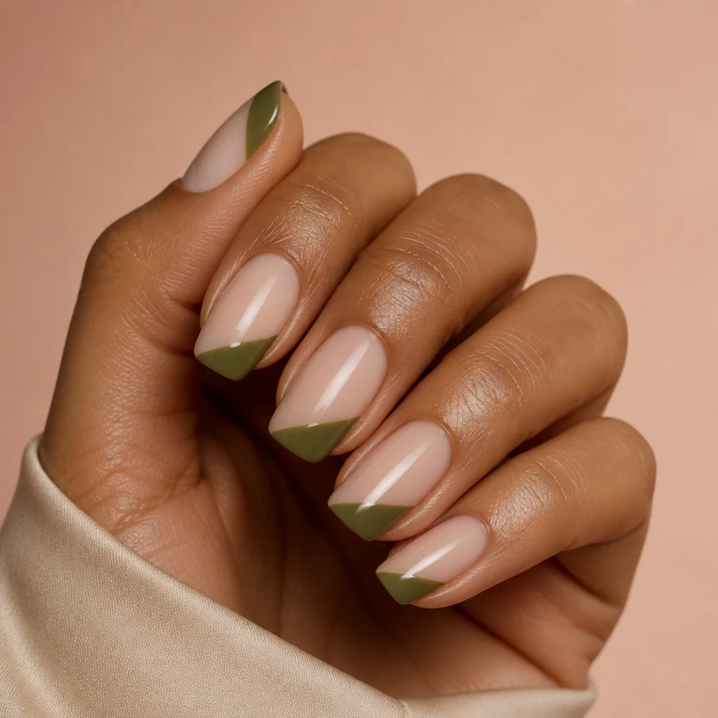 Olive green french tip painted on a sharp diagonal angle across squoval nails, graphic macro