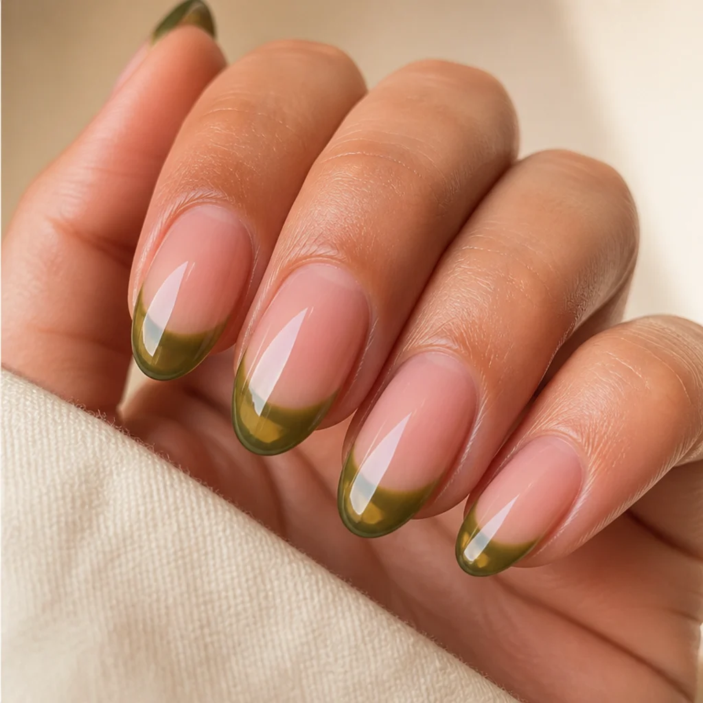 Translucent jelly olive green french tips glowing over a sheer base on almond nails, glossy macro