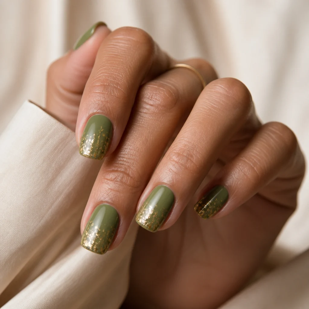 Short squoval nails in creamy mid-olive scattered with irregular gold foil flecks concentrated toward the tips, close editorial macro on warm ivory