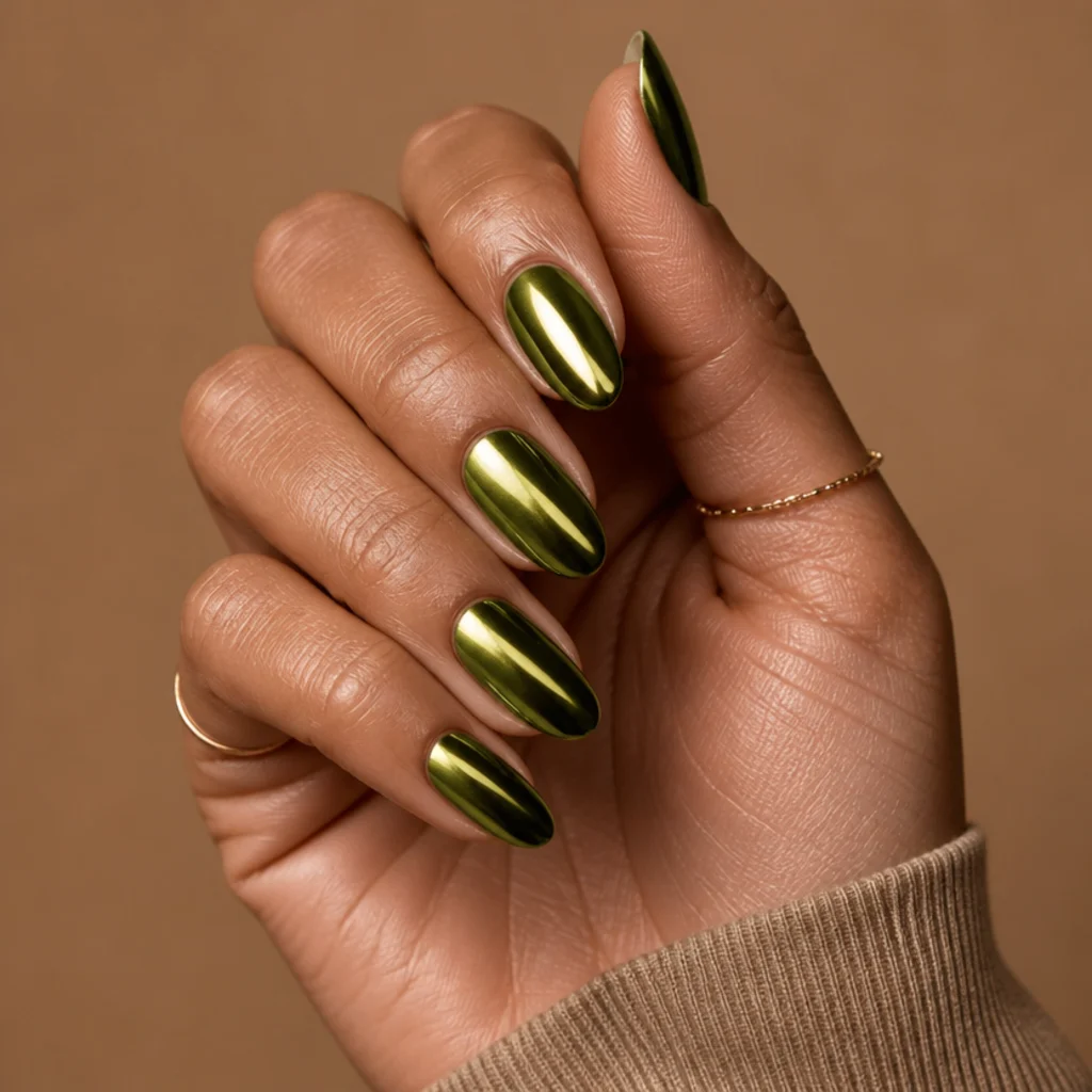 Medium almond nails in olive green chrome with a mirror metallic finish shifting between antique brass and deep moss, taupe studio background