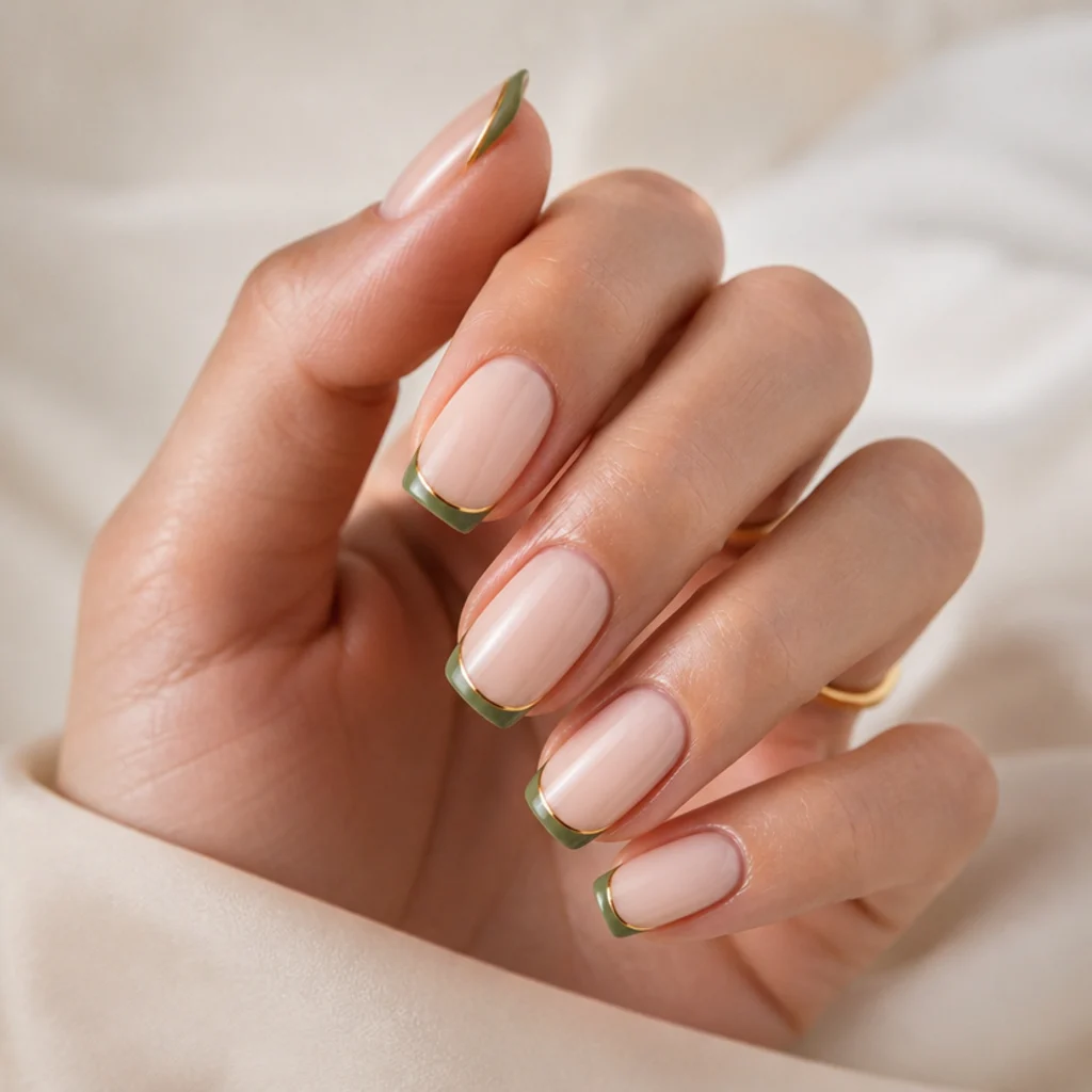 Long squoval nails with a milky sheer base and crisp olive green french tips outlined in a hairline of gold, clean editorial macro