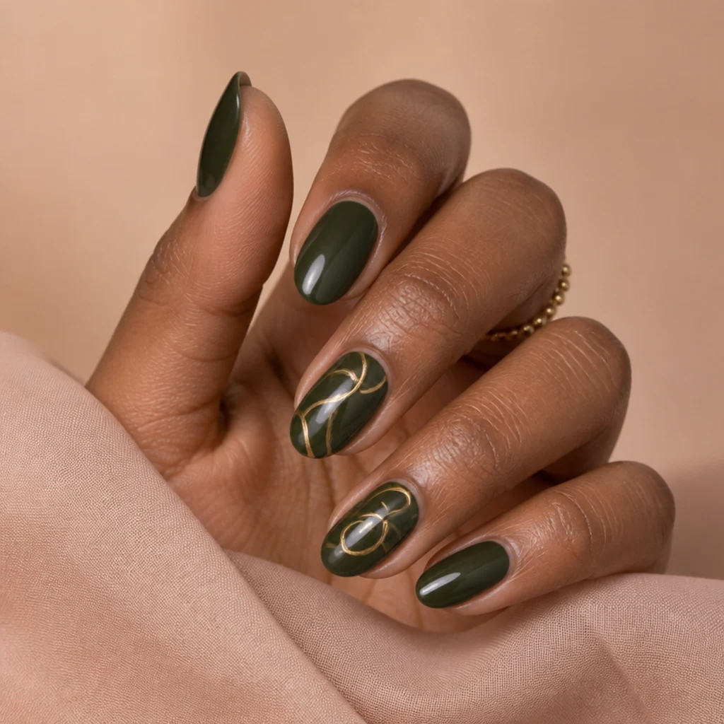 Short almond nails in deep forest-leaning dark olive green with fine freehand gold line art tracing abstract arcs across two accent nails, warm blush background