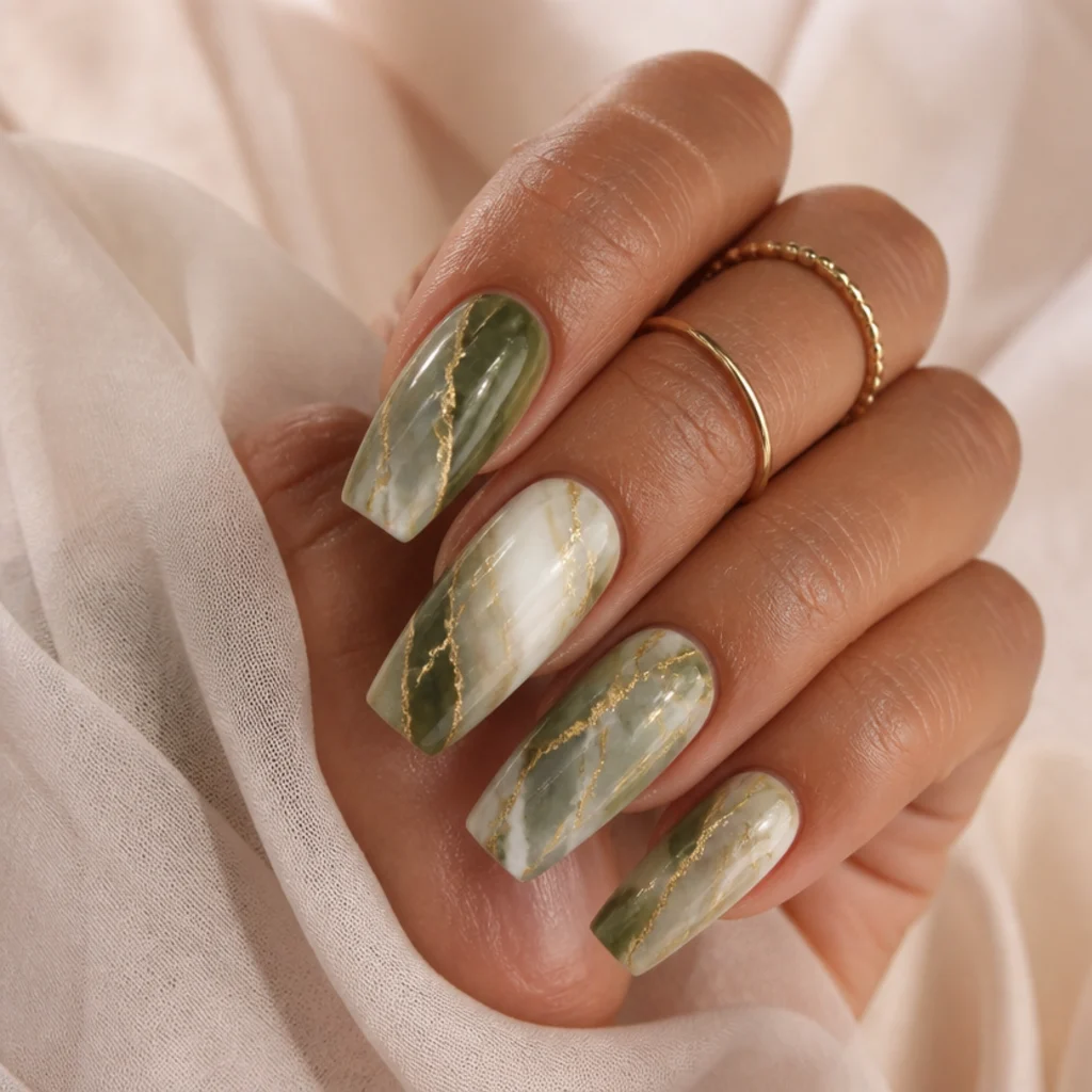 Medium coffin nails with olive green and cream marbling veined in metallic gold pulled through wet layers, close macro on ivory backdrop