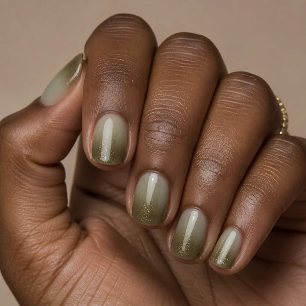 Short round nails in a soft vertical gradient from pale sage at the cuticle to deeper olive at the tips with faint gold shimmer on the free edge, warm taupe background