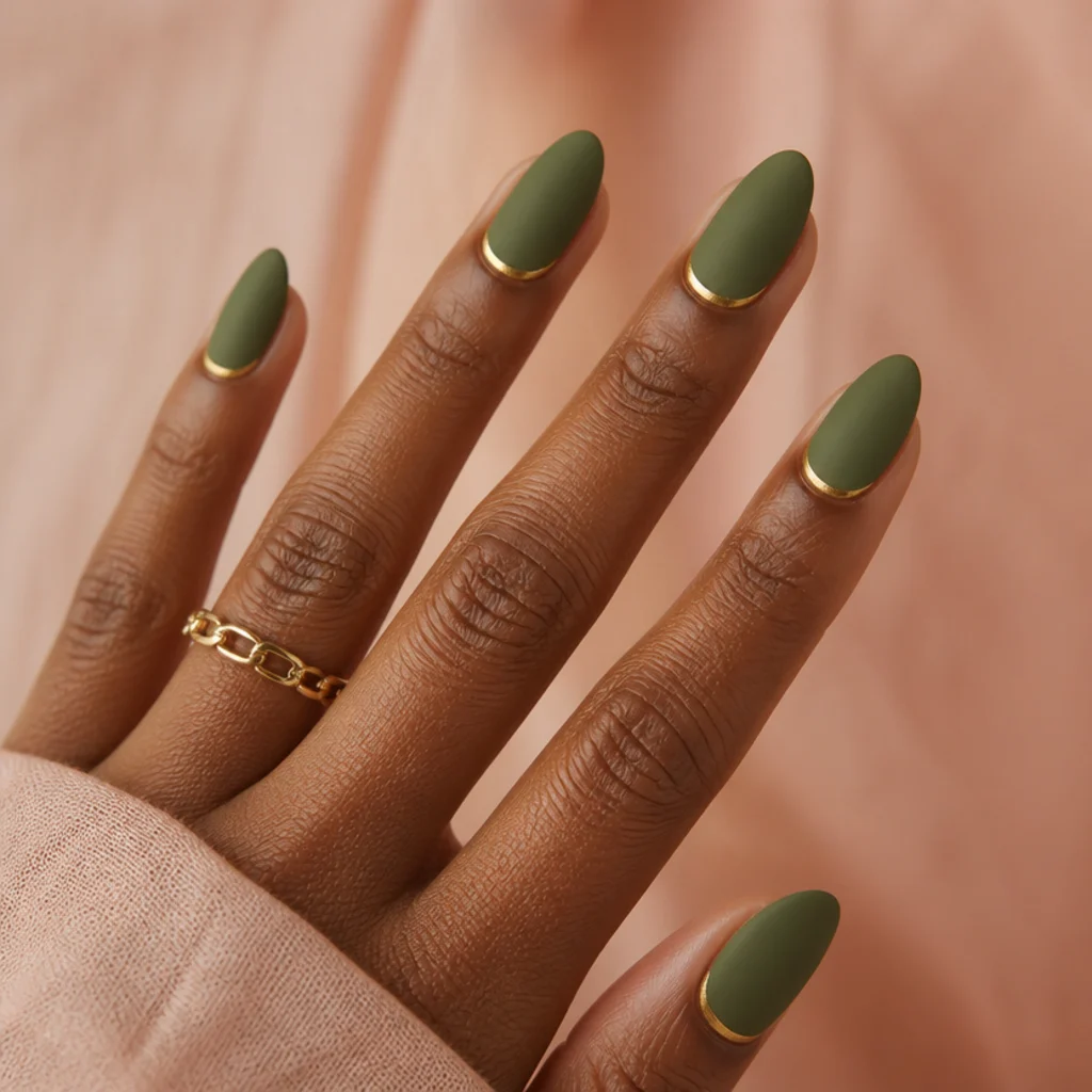 Medium almond nails in flat velvety matte olive green with a slim hand-painted gold cuff along the cuticle line, editorial macro on blush
