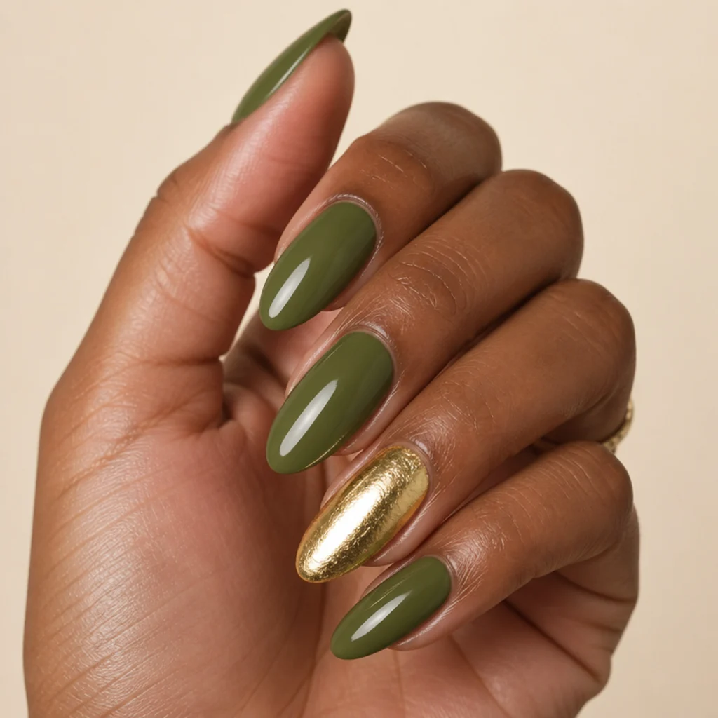 Long almond nails in rich mid-olive with one fully gold-leafed accent nail burnished flat, close editorial macro on warm ivory