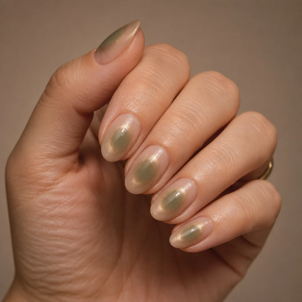 Short almond nails with a soft airbrushed olive green aura halo blooming from the center over a sheer nude base with faint gold mist, taupe background