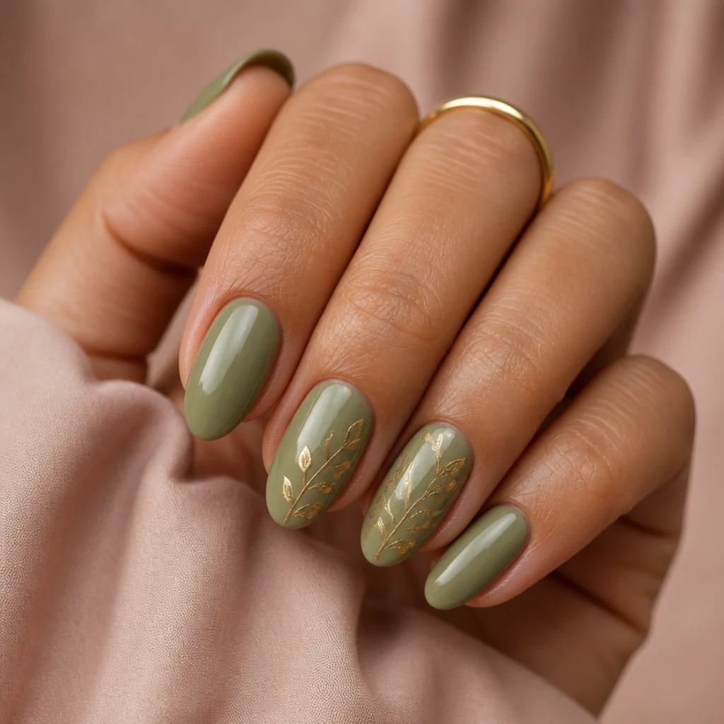 Medium almond nails in soft olive with delicate hand-painted gold botanical leaf-and-stem sprigs across two accent nails, warm blush background