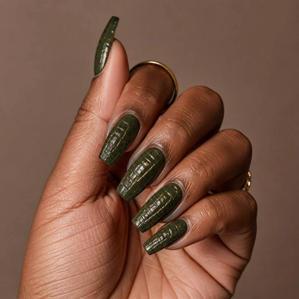 Medium coffin nails in dark olive with a subtle raised crocodile-skin texture and gold catching the raised scales, close editorial macro on taupe