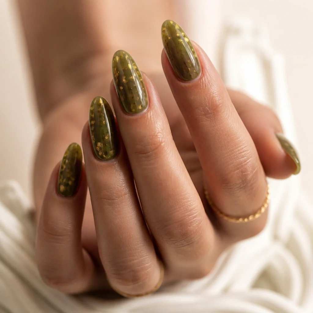 Medium almond nails in translucent olive jelly with gold flakes suspended between the layers, glowing on a warm ivory background